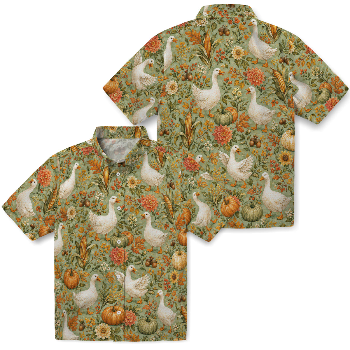 Front and back mockup of Cozy Sage Green Harvest Geese Custom Hawaiian Shirt without personalization