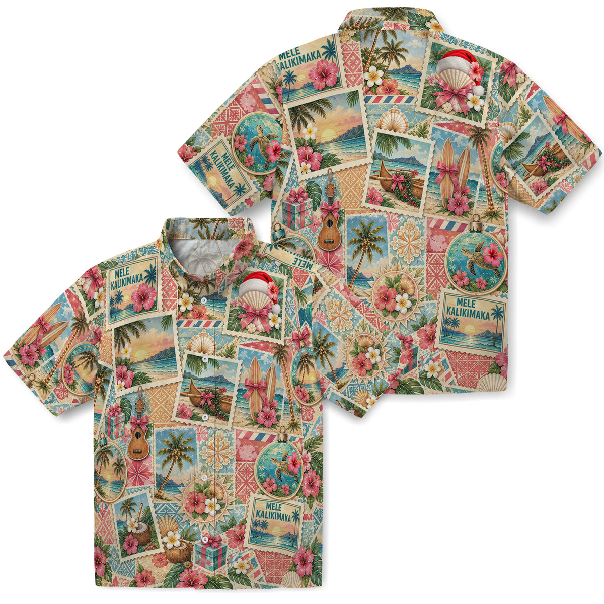 No-face preview of cream beige custom mele kalikimaka hawaiian shirt with face portraits and vintage tropical stamps