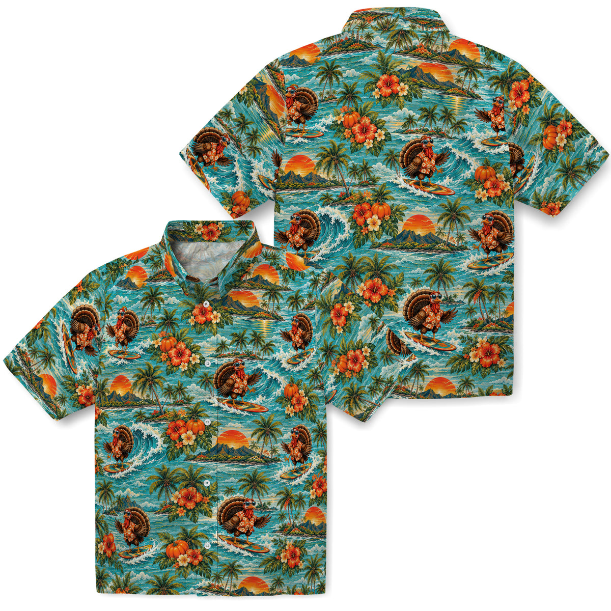 Front and back mockup of Funny Light Aqua Surfing Turkey Custom Hawaiian Shirt without personalization