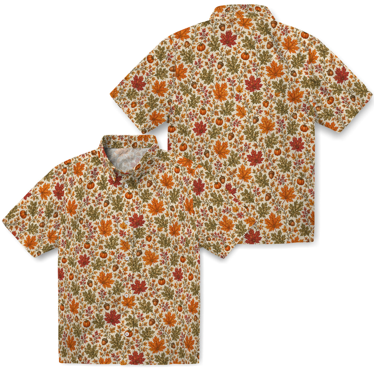 Front and back mockup of Cozy Ivory Autumn Leaves Custom Hawaiian Shirt without personalization