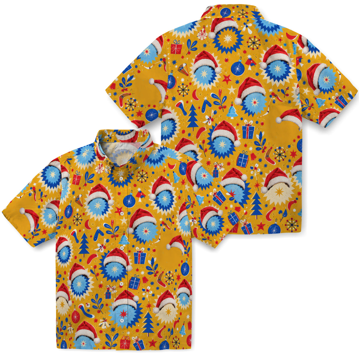 No-face preview of mustard yellow custom christmas hawaiian shirt with santa-hat face portraits and retro starbursts
