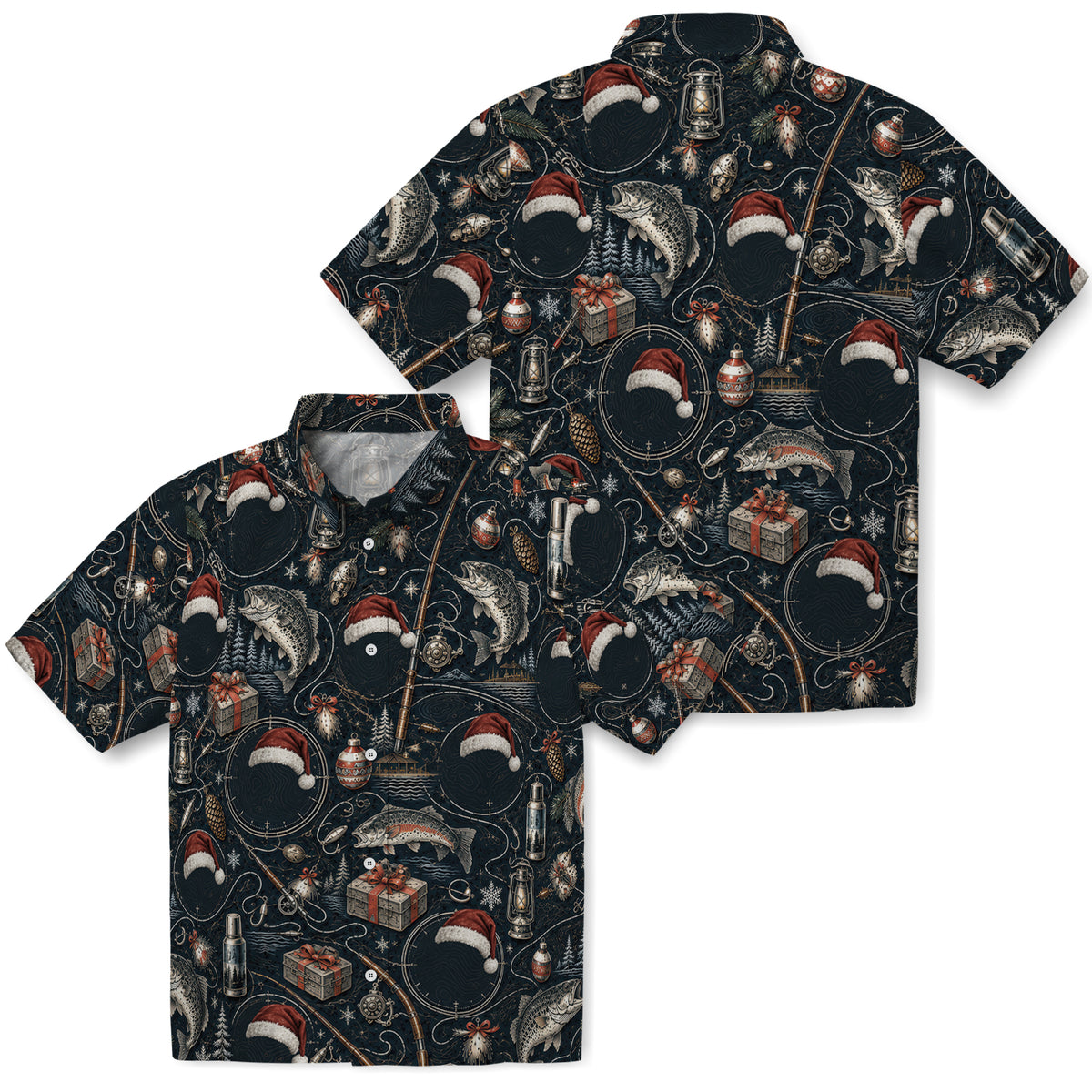 No-face preview of black custom fishing christmas hawaiian shirt with face portraits, trout, rods and lanterns