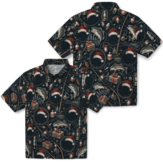 No-face preview of black custom fishing christmas hawaiian shirt with face portraits, trout, rods and lanterns
