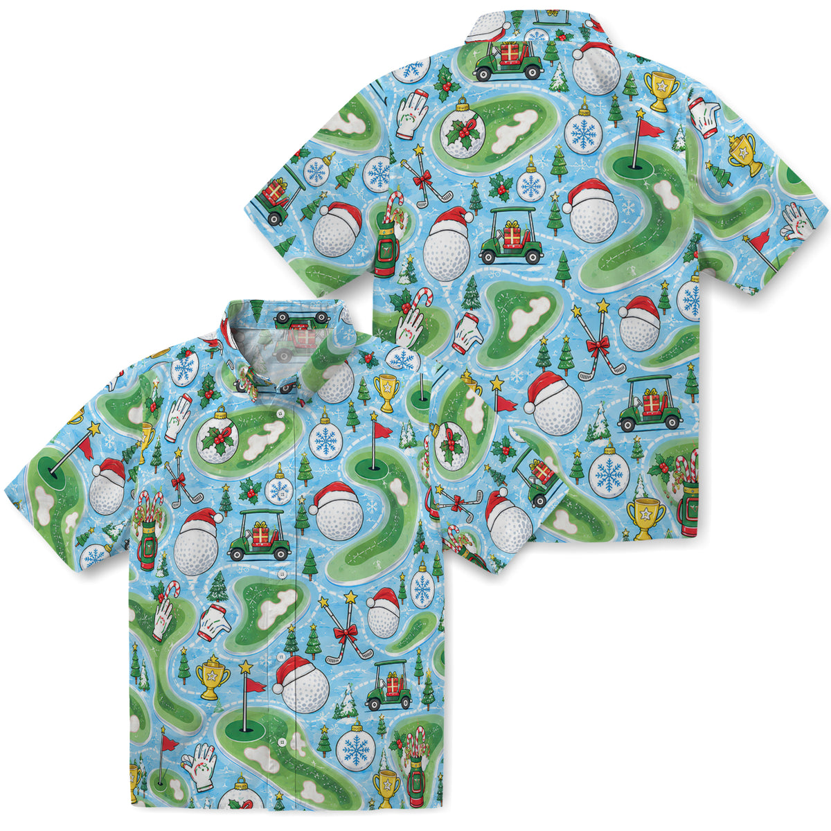 No-face preview of sky blue custom golf christmas hawaiian shirt with face portraits, fairways, carts and flags