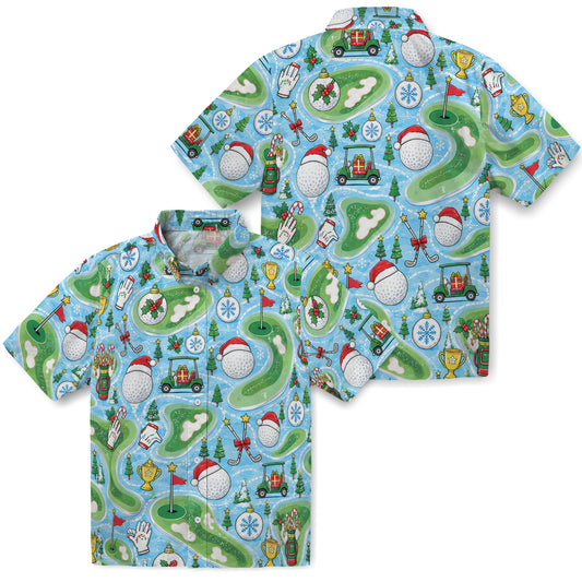 No-face preview of sky blue custom golf christmas hawaiian shirt with face portraits, fairways, carts and flags