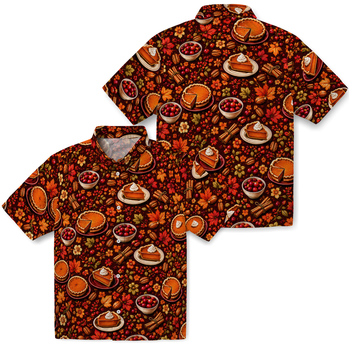 Front and back mockup of Festive Dark Burgundy Pumpkin Pie Custom Hawaiian Shirt without personalization