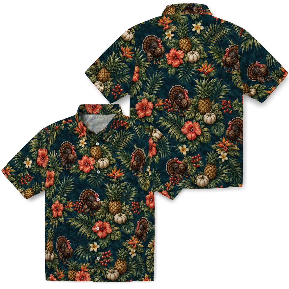 Front and back mockup of Tropical Deep Teal Thanksgiving Turkey Custom Hawaiian Shirt without personalization