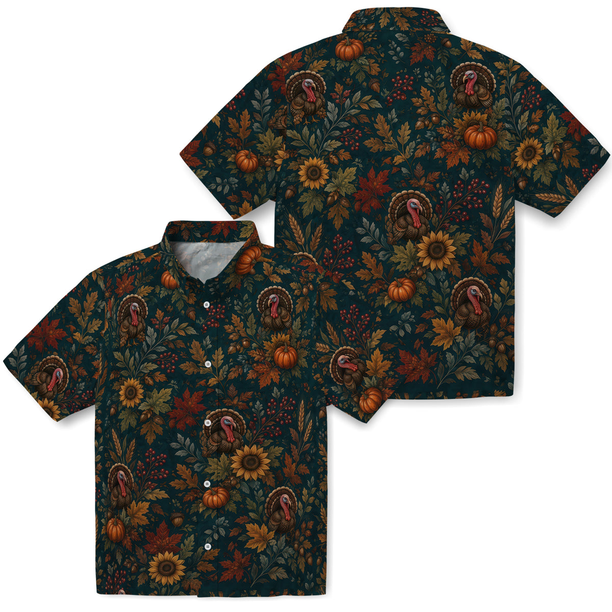 Front and back mockup of Rustic Deep Teal Harvest Turkey Custom Hawaiian Shirt without personalization