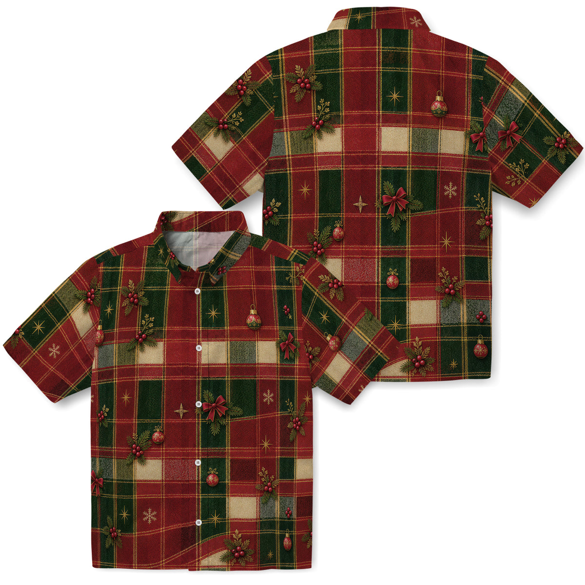 No-face preview of red and forest green plaid custom christmas hawaiian shirt with face portraits and holly