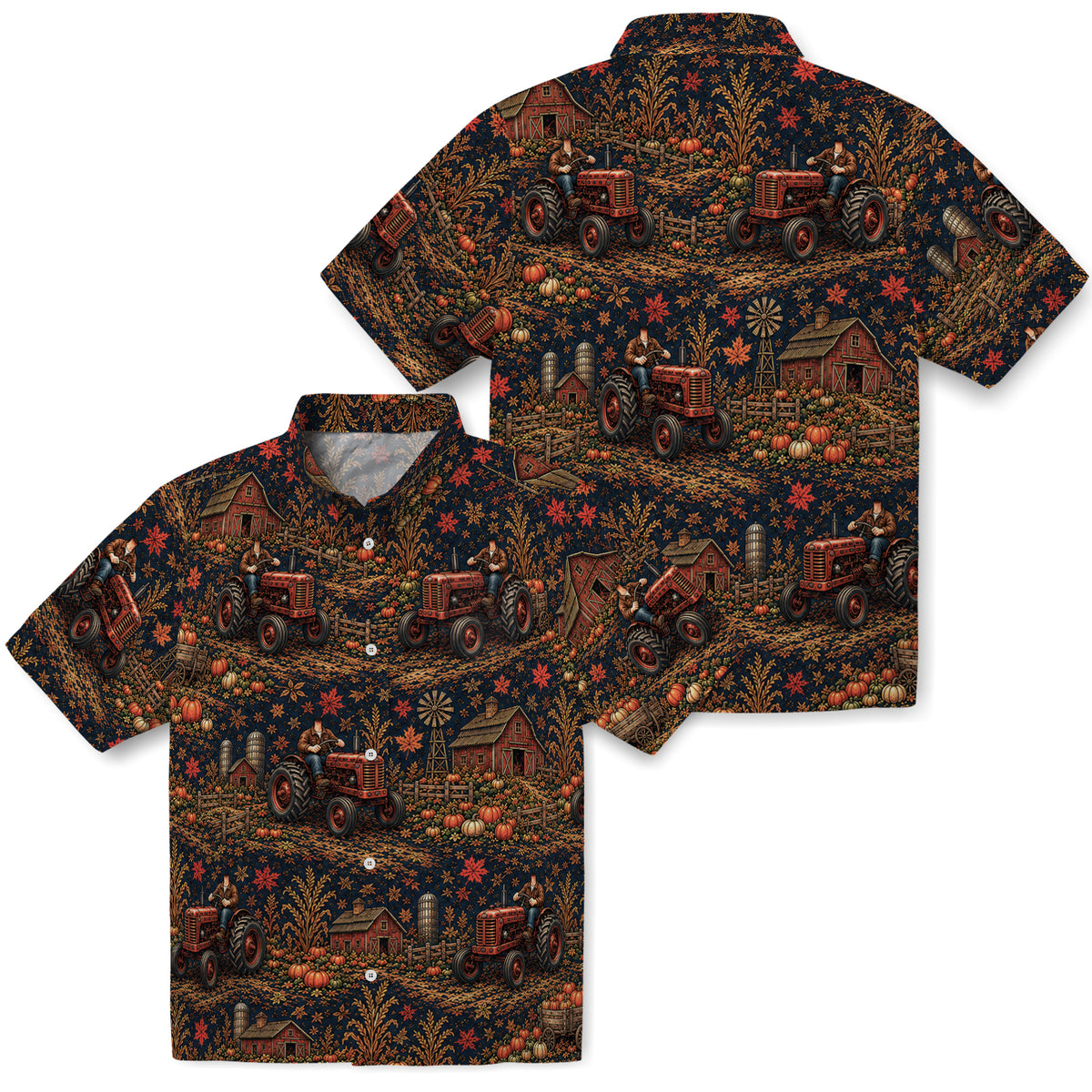 Front and back mockup of Rustic Midnight Navy Pumpkin Farm Custom Hawaiian Shirt without personalization