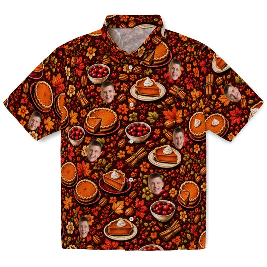 Festive Dark Burgundy Pumpkin Pie Custom Hawaiian Shirt front view featuring pumpkin pies, cranberries, cinnamon