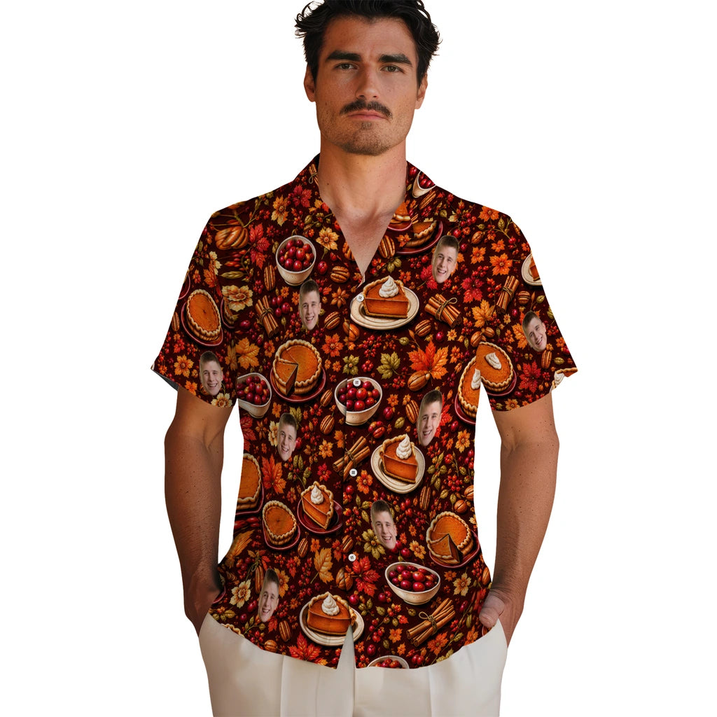 Men's model wearing Festive Dark Burgundy Pumpkin Pie Custom Hawaiian Shirt in Dark Burgundy