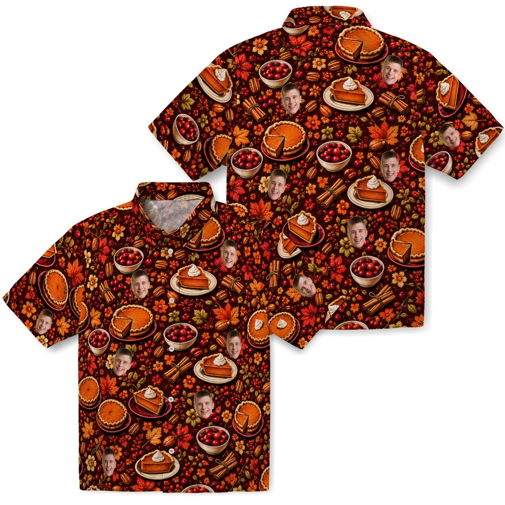 Front and back views of Festive Dark Burgundy Pumpkin Pie Custom Hawaiian Shirt showing the all-over print