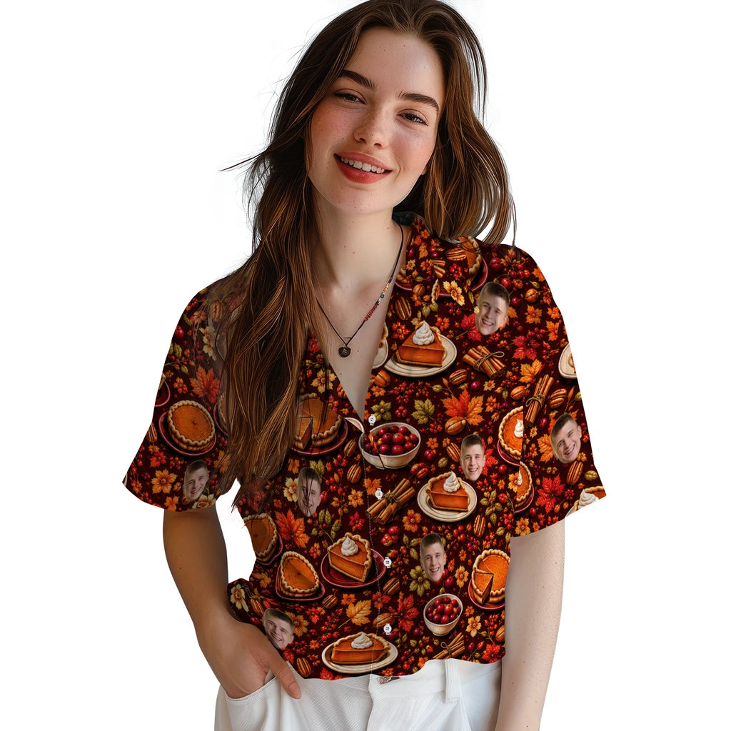 Women's model wearing Festive Dark Burgundy Pumpkin Pie Custom Hawaiian Shirt in Dark Burgundy