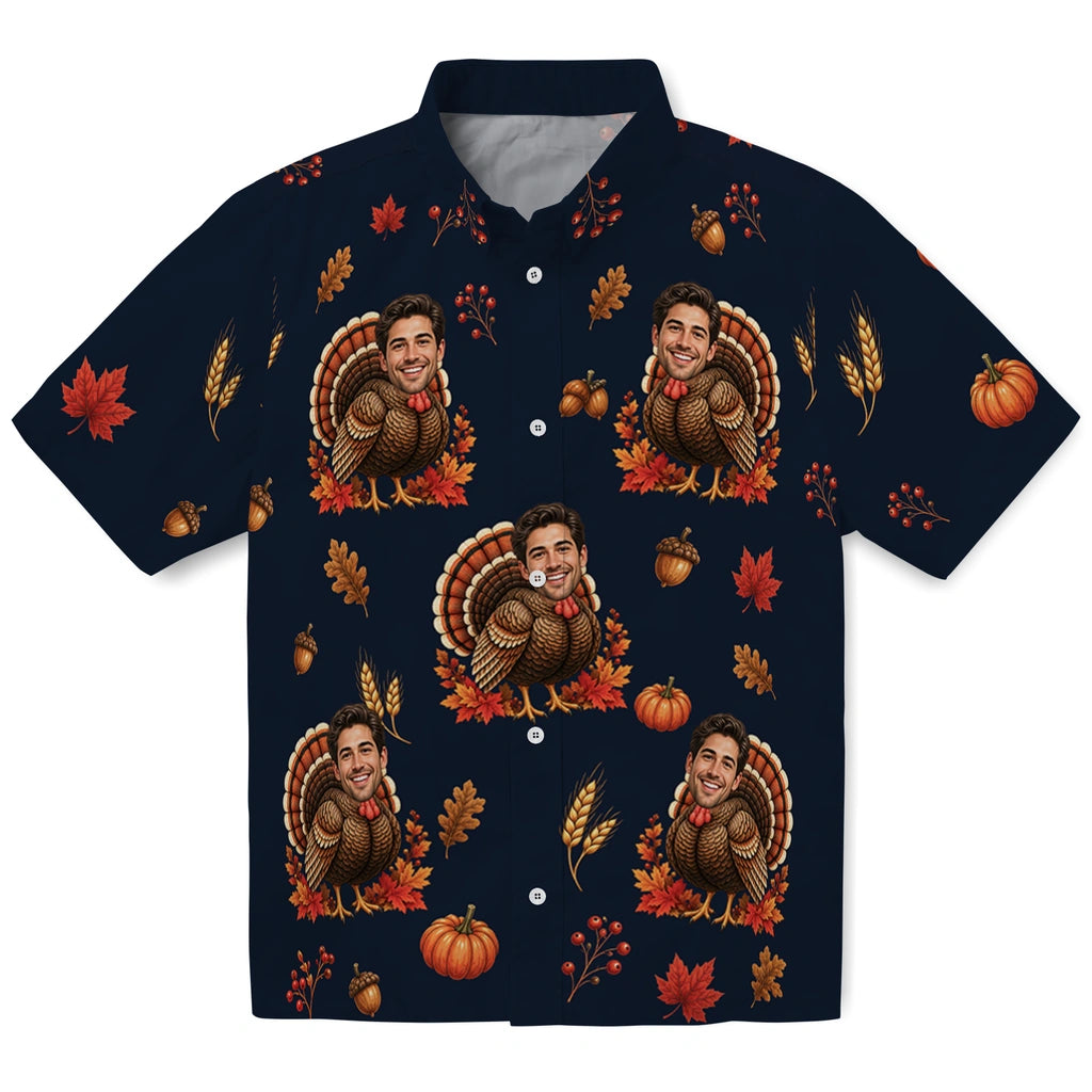 Festive Dark Navy Thanksgiving Turkey Custom Hawaiian Shirt front view featuring turkey, pumpkin, autumn leaves