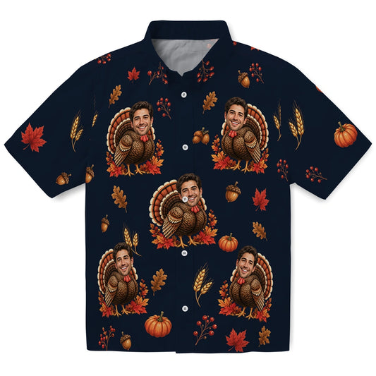Festive Dark Navy Thanksgiving Turkey Custom Hawaiian Shirt front view featuring turkey, pumpkin, autumn leaves