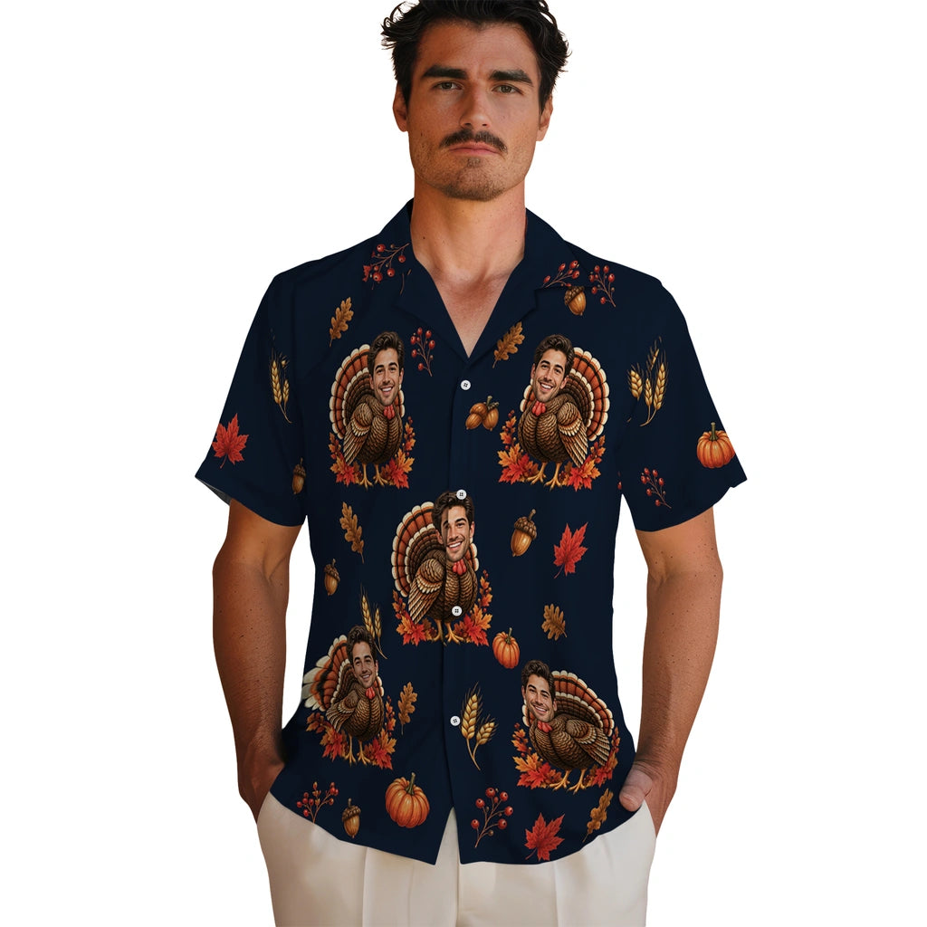 Men's model wearing Festive Dark Navy Thanksgiving Turkey Custom Hawaiian Shirt in Dark Navy