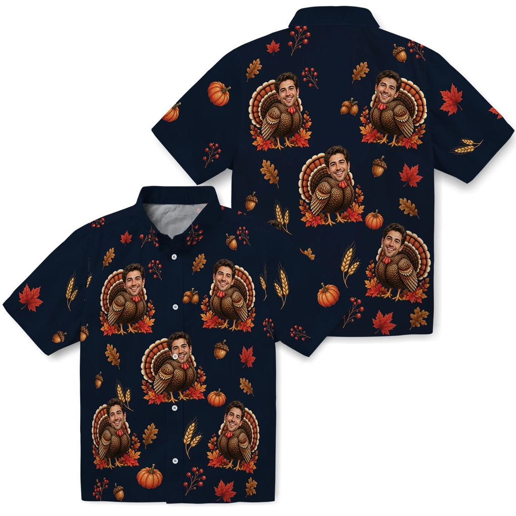 Front and back views of Festive Dark Navy Thanksgiving Turkey Custom Hawaiian Shirt showing the all-over print
