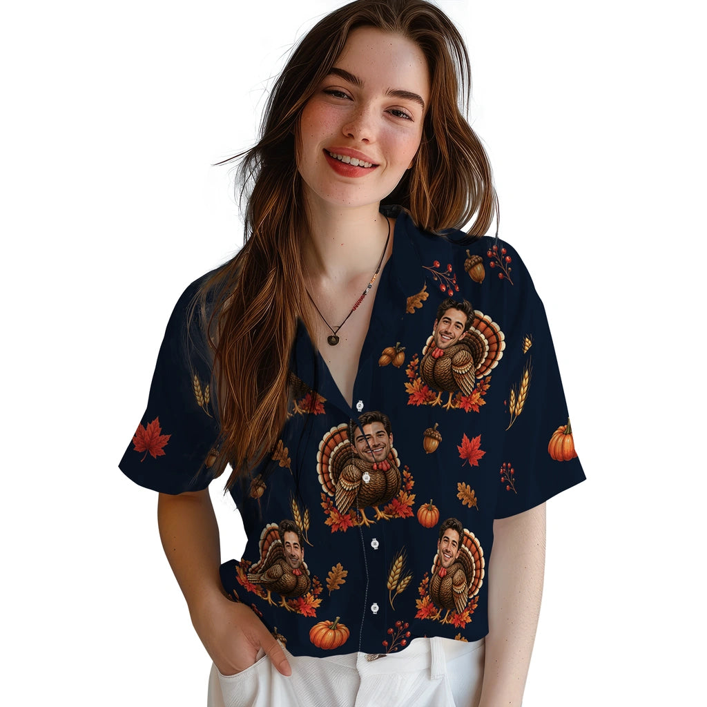Women's model wearing Festive Dark Navy Thanksgiving Turkey Custom Hawaiian Shirt in Dark Navy