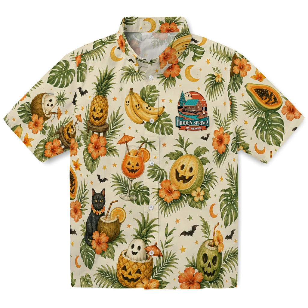 Funny Cream Carved Fruits Custom Hawaiian Shirt front view with carved tropical fruit faces, jack-o'-lanterns, hibiscus and leafy greenery