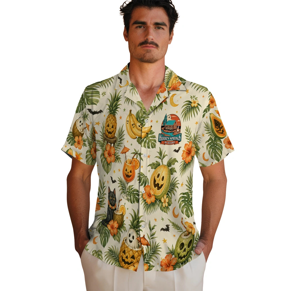 Men's model wearing Funny Cream Carved Fruits Custom Hawaiian Shirt in Cream