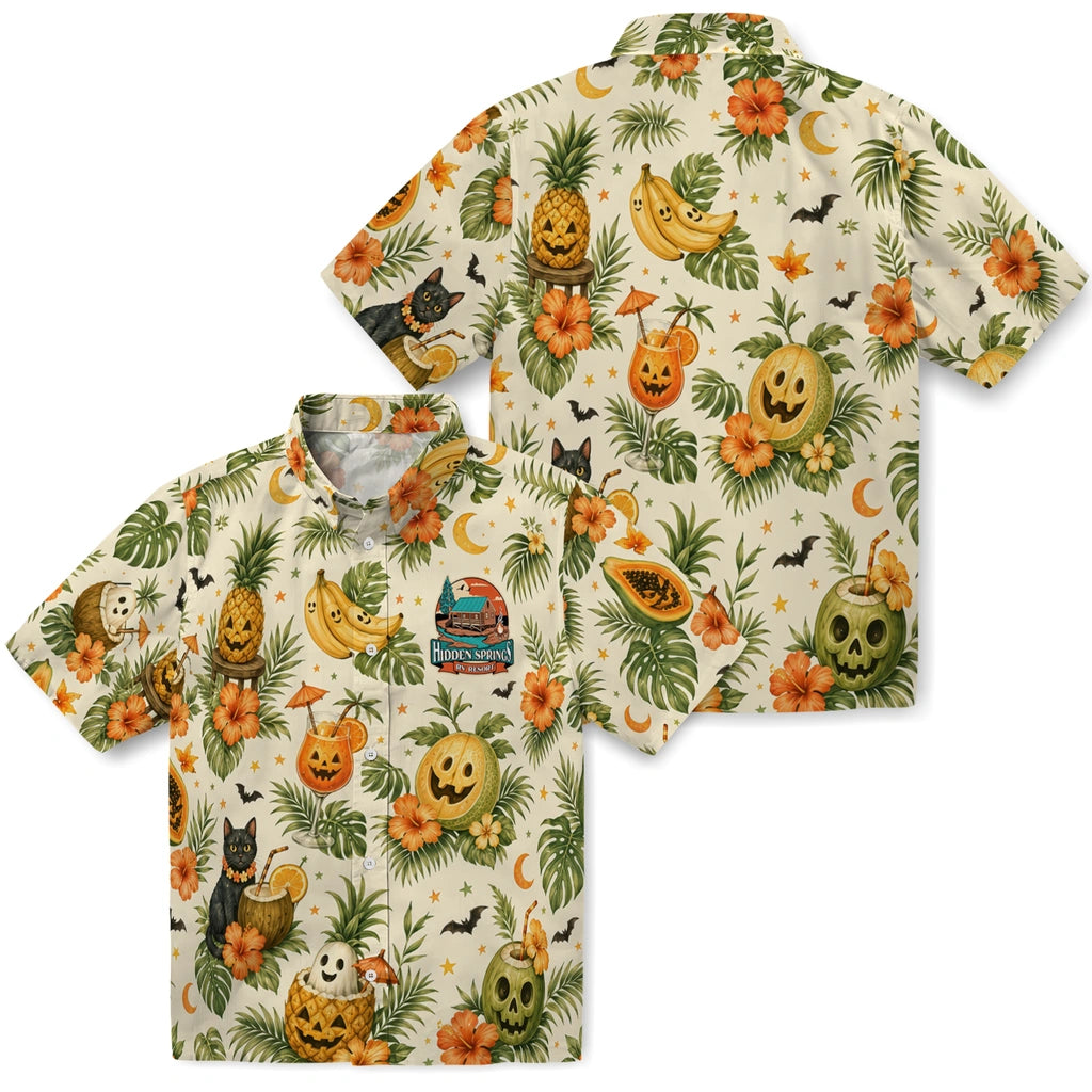Front and back views of Funny Cream Carved Fruits Custom Hawaiian Shirt showing the all-over print