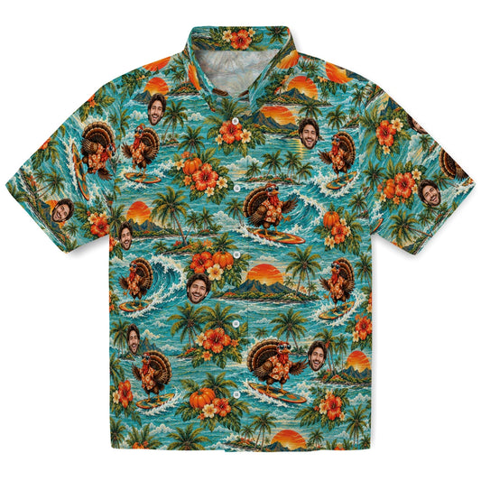 Funny Light Aqua Surfing Turkey Custom Hawaiian Shirt front view featuring surfing turkeys, ocean waves, pumpkins