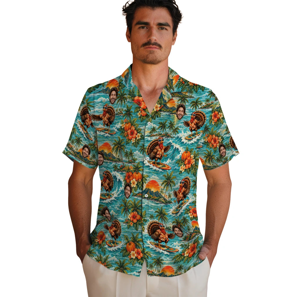 Men's model wearing Funny Light Aqua Surfing Turkey Custom Hawaiian Shirt in Light Aqua