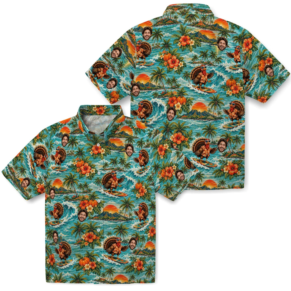 Front and back views of Funny Light Aqua Surfing Turkey Custom Hawaiian Shirt showing the all-over print