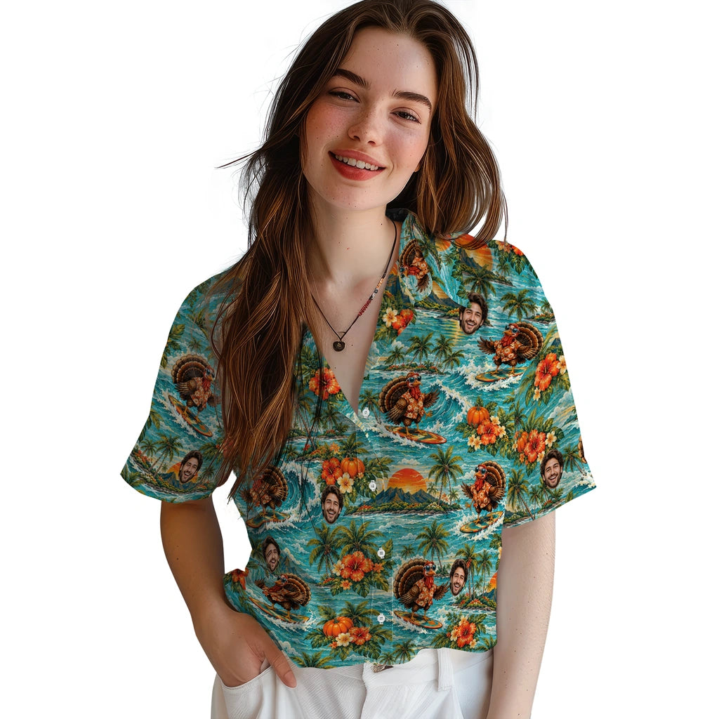 Women's model wearing Funny Light Aqua Surfing Turkey Custom Hawaiian Shirt in Light Aqua
