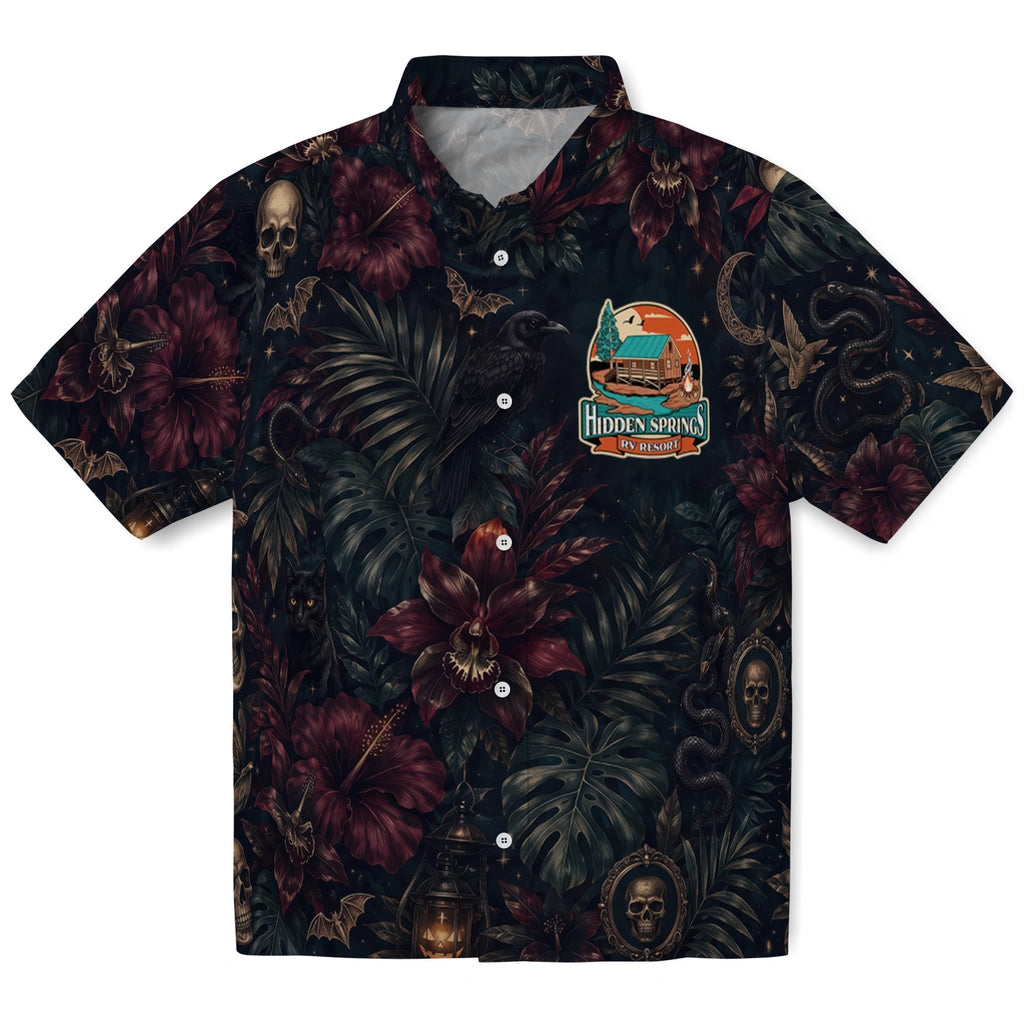 Gothic Black Layered Jungle Custom Hawaiian Shirt front view with dense dark jungle leaves, deep red flowers and skull details