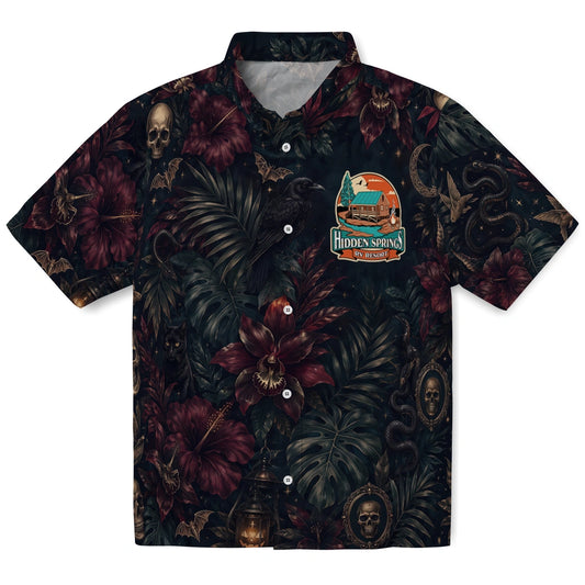 Gothic Black Layered Jungle Custom Hawaiian Shirt front view with dense dark jungle leaves, deep red flowers and skull details