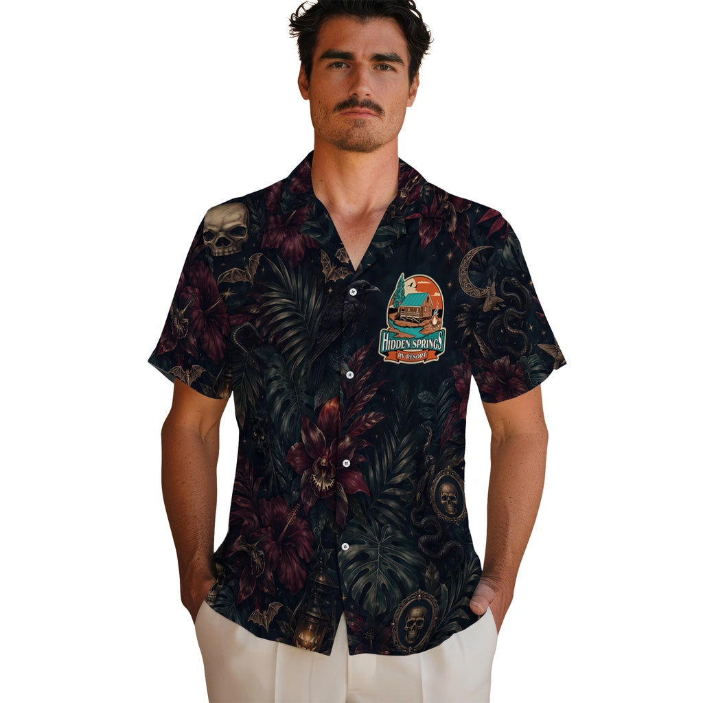 Men's model wearing Gothic Black Layered Jungle Custom Hawaiian Shirt in Black