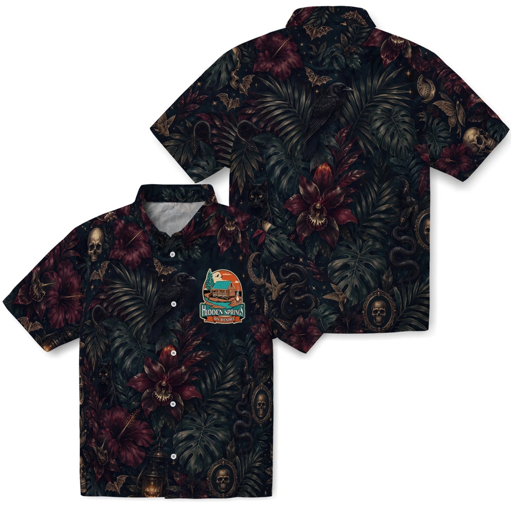 Front and back views of Gothic Black Layered Jungle Custom Hawaiian Shirt showing the all-over print