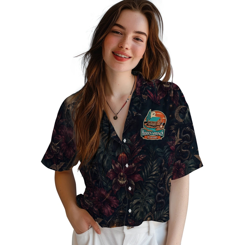 Women's model wearing Gothic Black Layered Jungle Custom Hawaiian Shirt in Black