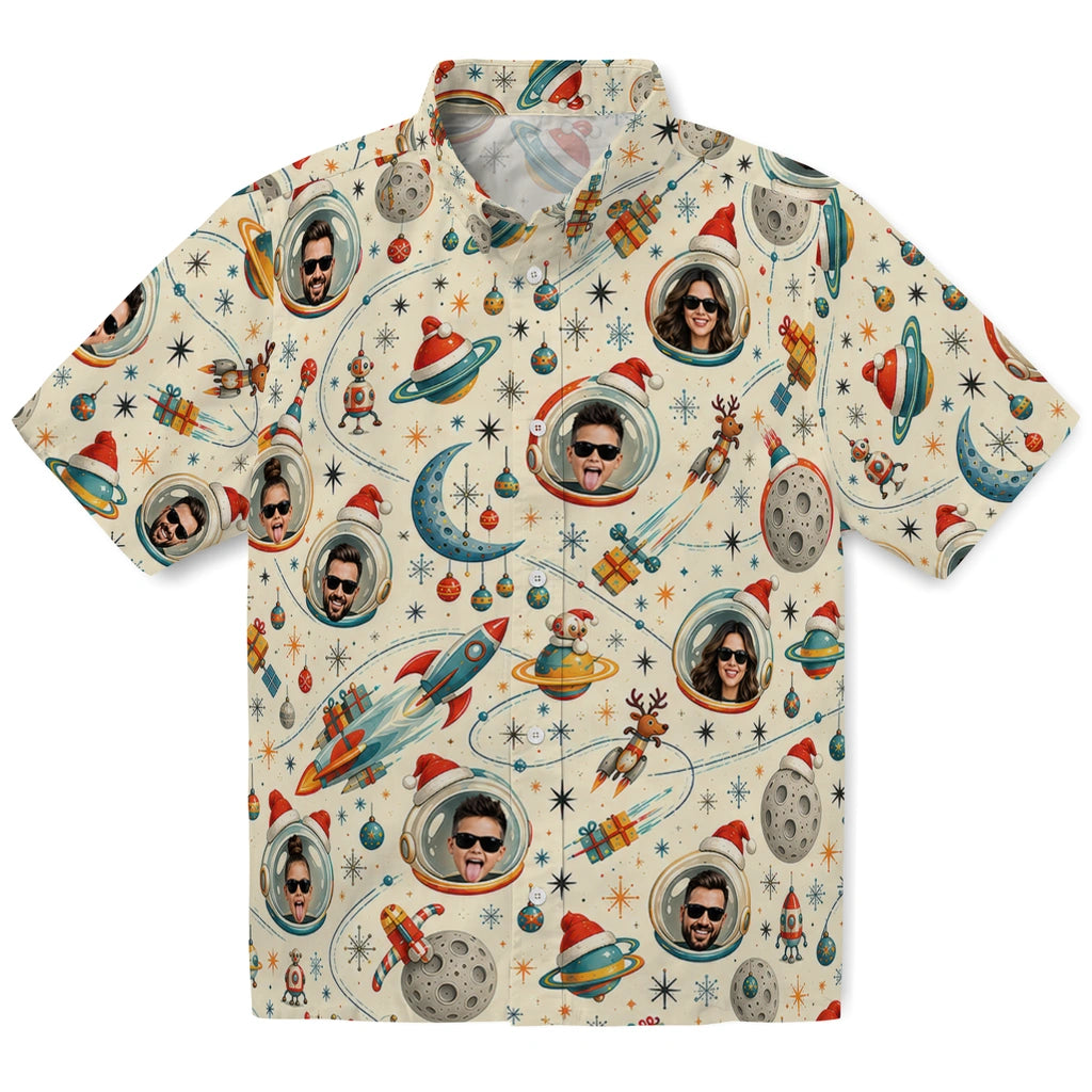 Ivory cream custom space Christmas Hawaiian shirt with face portraits in astronaut helmets