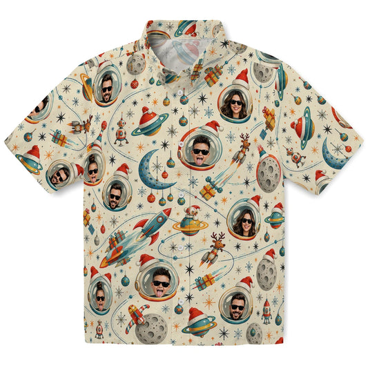 Ivory cream custom space Christmas Hawaiian shirt with face portraits in astronaut helmets
