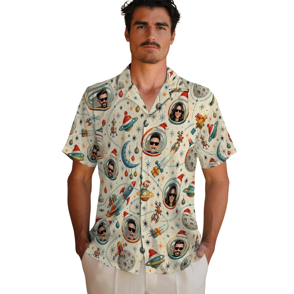 Personalized ivory cream custom space christmas hawaiian shirt with face portraits in astronaut helmets in an alternate mockup