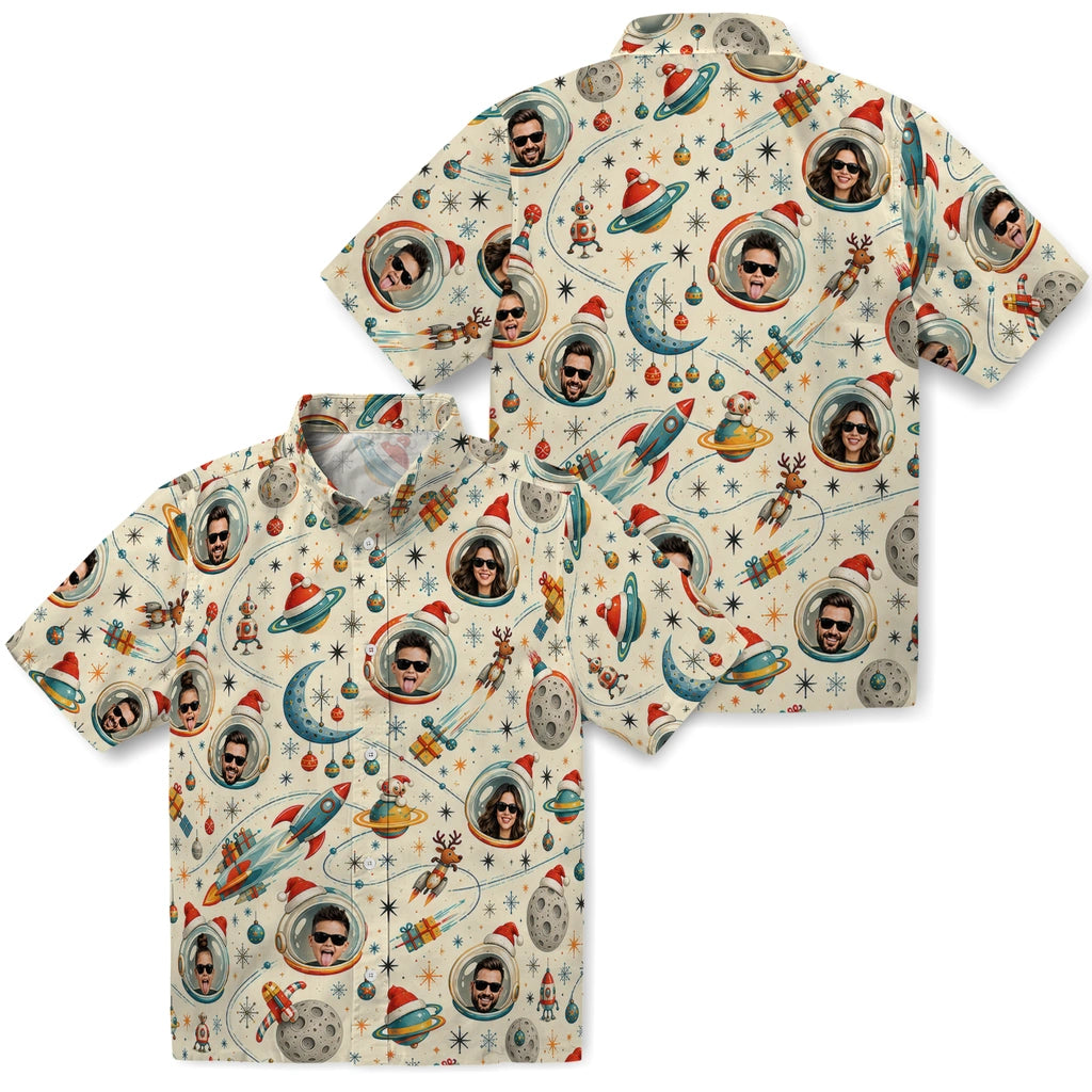 Close-up view of ivory cream custom space christmas hawaiian shirt with face portraits in astronaut helmets