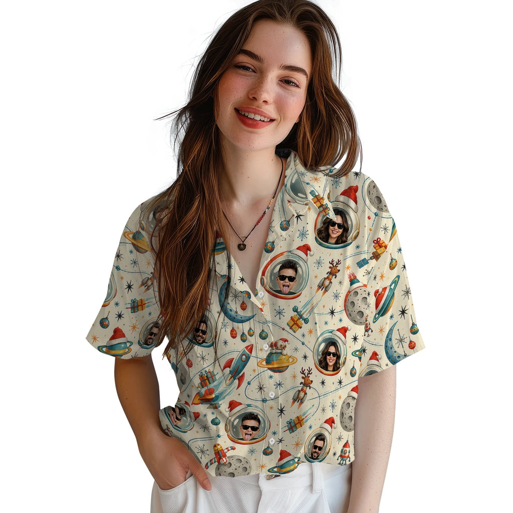 Alternate view of ivory cream custom space christmas hawaiian shirt with face portraits in astronaut helmets