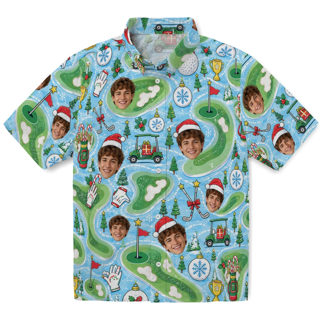 Sky blue custom golf Christmas Hawaiian shirt with face portraits, fairways, carts and flags
