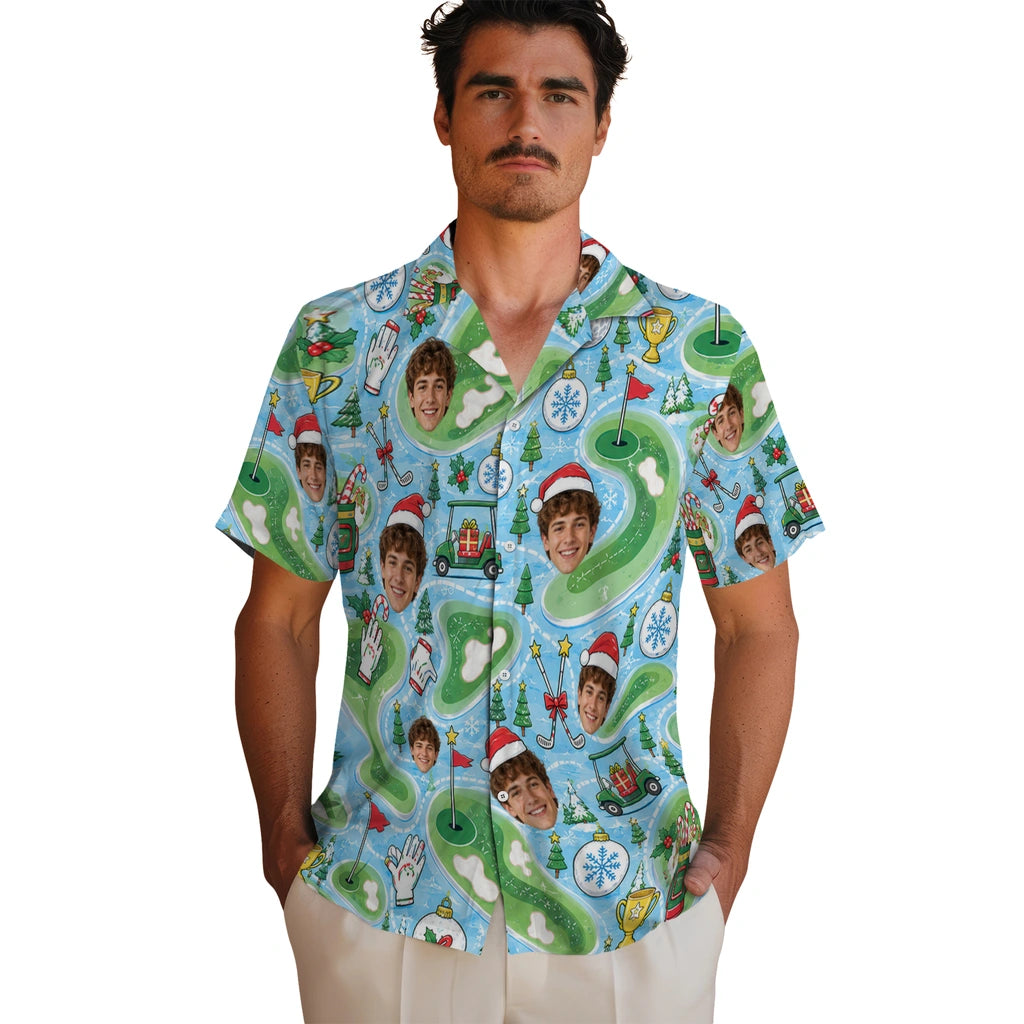 Personalized sky blue custom golf christmas hawaiian shirt with face portraits, fairways, carts and flags in an alternate mockup