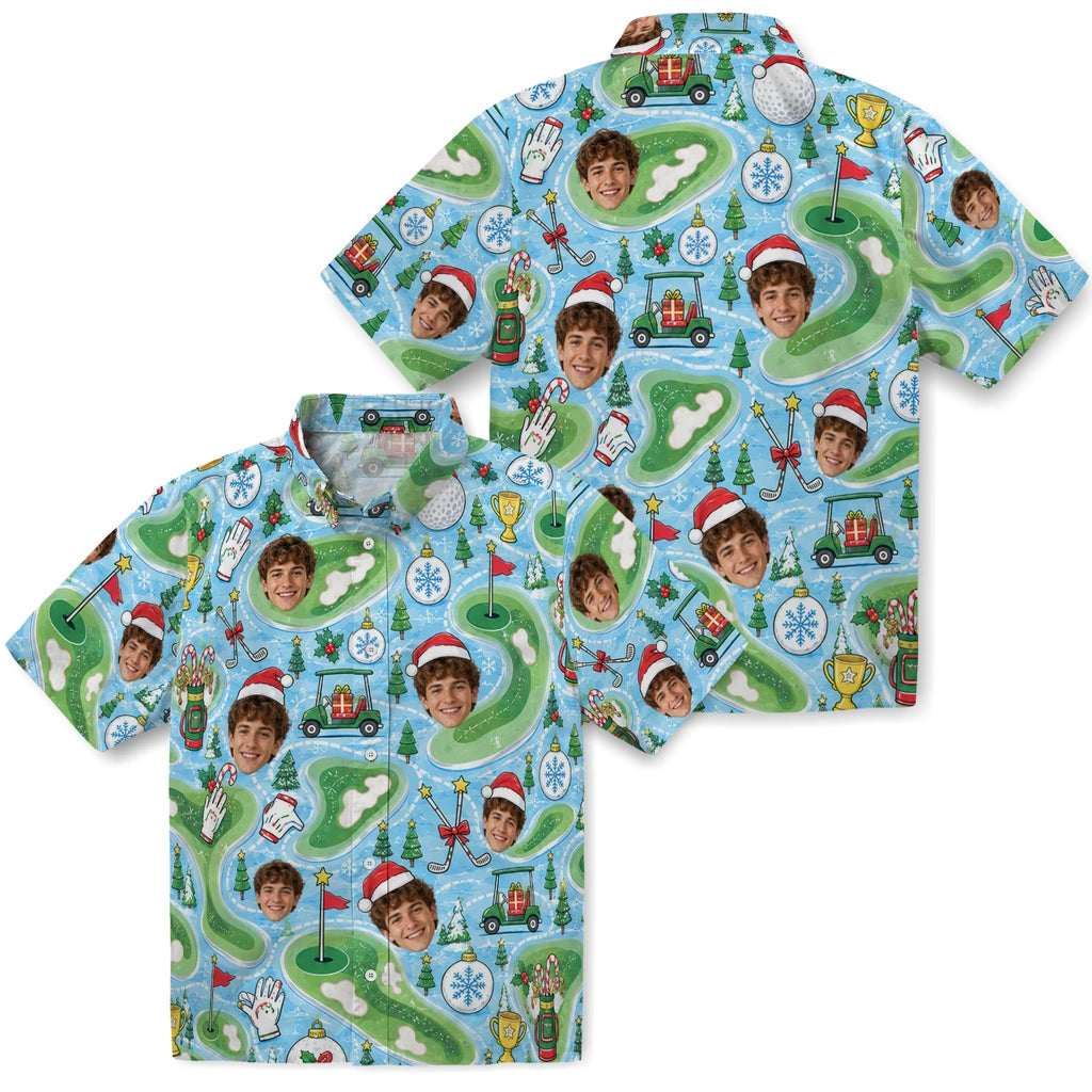 Close-up view of sky blue custom golf christmas hawaiian shirt with face portraits, fairways, carts and flags