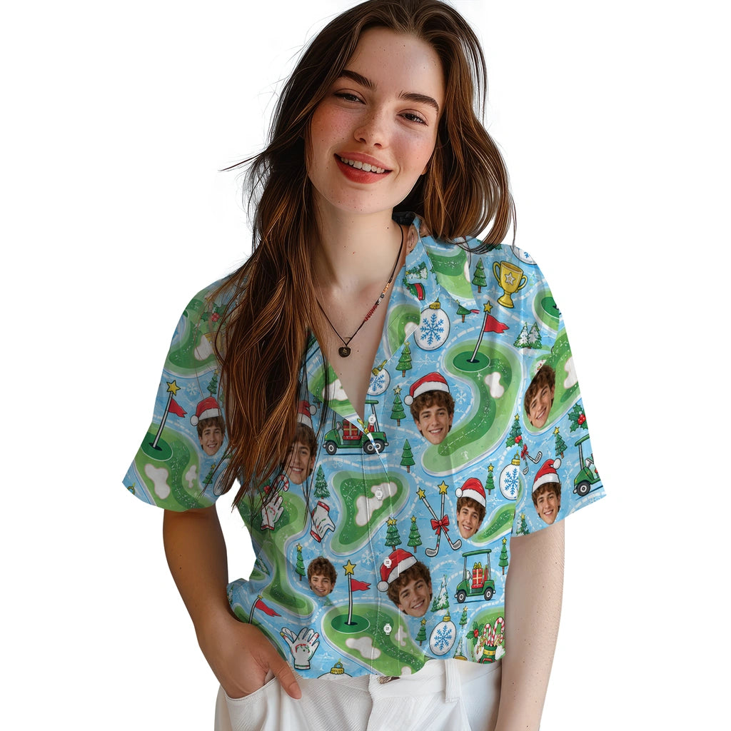Alternate view of sky blue custom golf christmas hawaiian shirt with face portraits, fairways, carts and flags