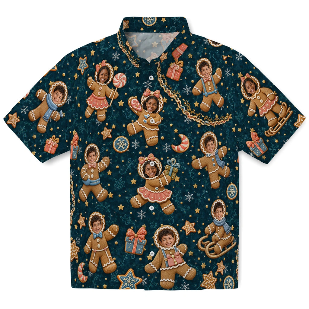 Cute Deep Teal Gingerbread Scatter Custom Hawaiian Shirt front view with personalized gingerbread faces, gifts and snowflakes