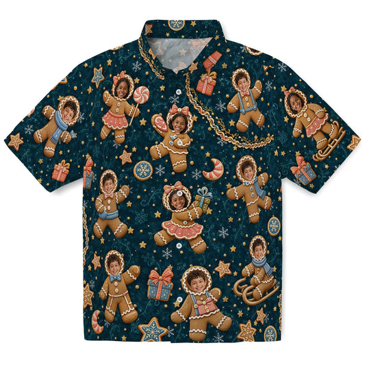 Cute Deep Teal Gingerbread Scatter Custom Hawaiian Shirt front view with personalized gingerbread faces, gifts and snowflakes