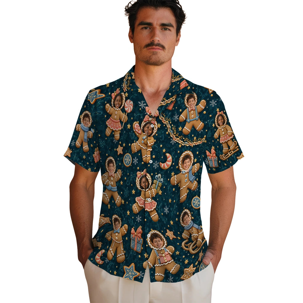 Men’s model wearing Cute Deep Teal Gingerbread Scatter Custom Hawaiian Shirt