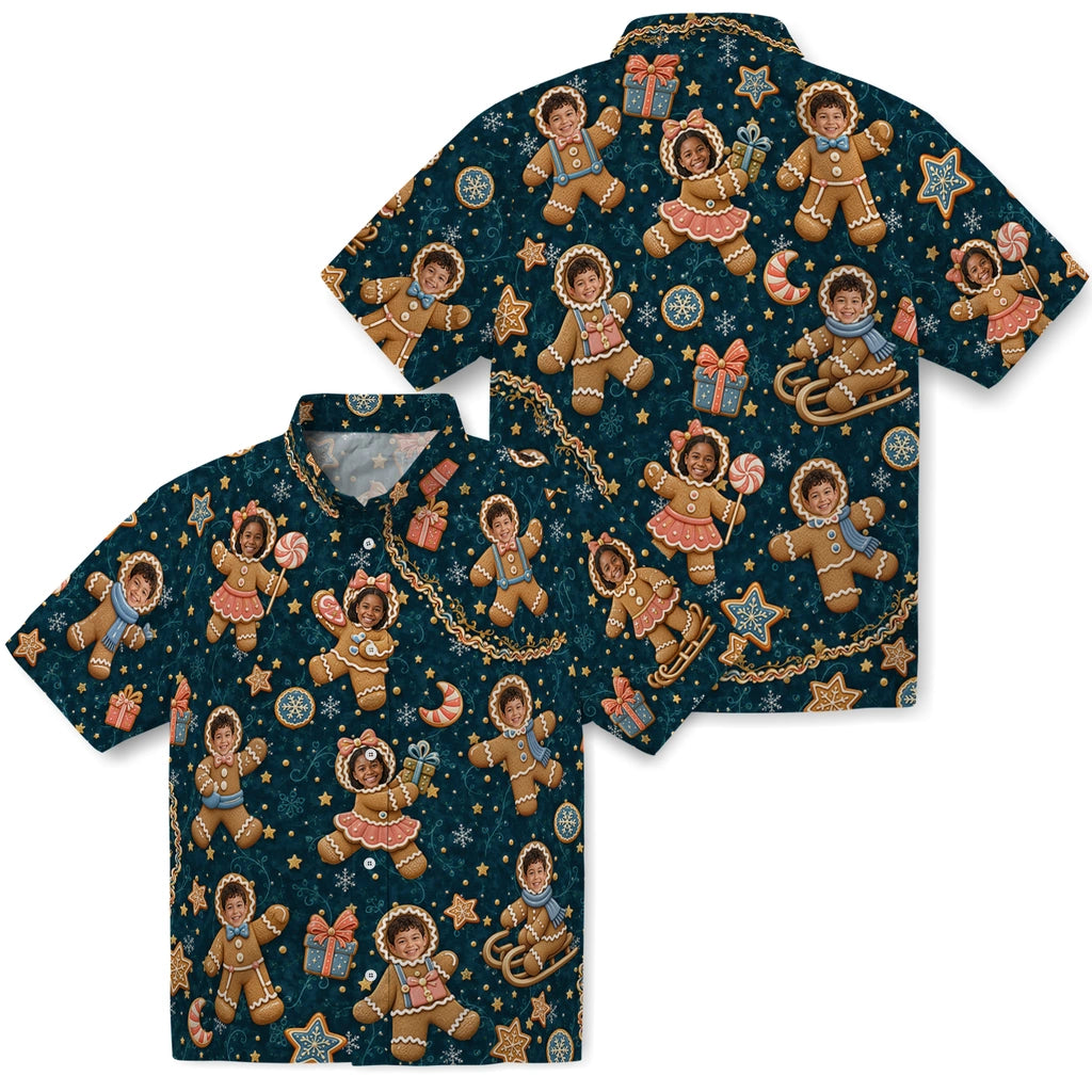 Front and back views of Deep Teal Gingerbread Christmas Hawaiian Shirt showing the all-over print