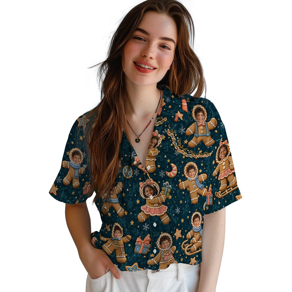 Women’s model wearing Cute Deep Teal Gingerbread Scatter Custom Hawaiian Shirt