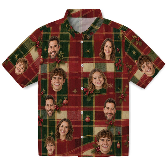 Red and forest green plaid custom Christmas Hawaiian shirt with face portraits and holly